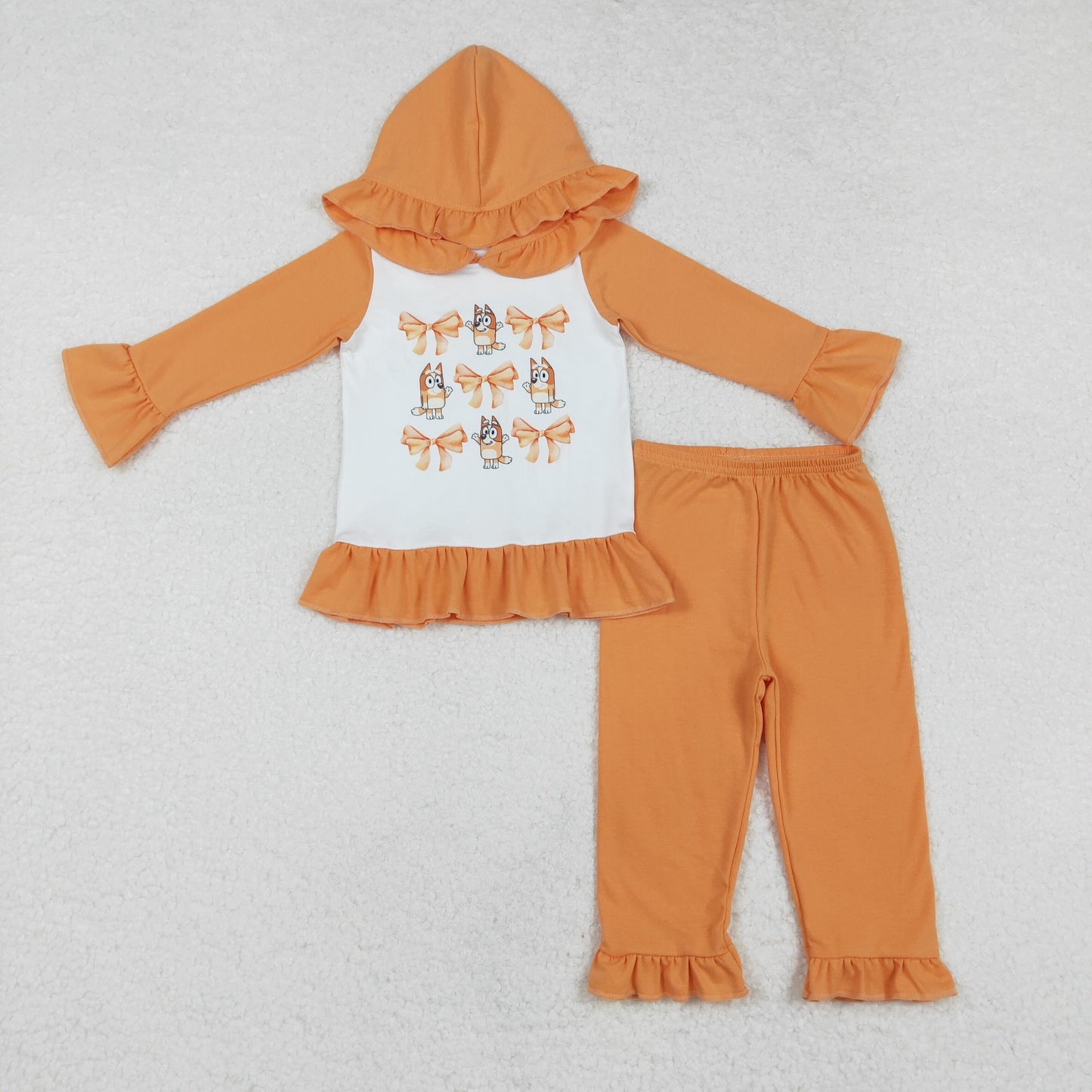 GLP1948 Cartoon Dog Bows Orange Print Girls Fall Hoodie Clothes Set