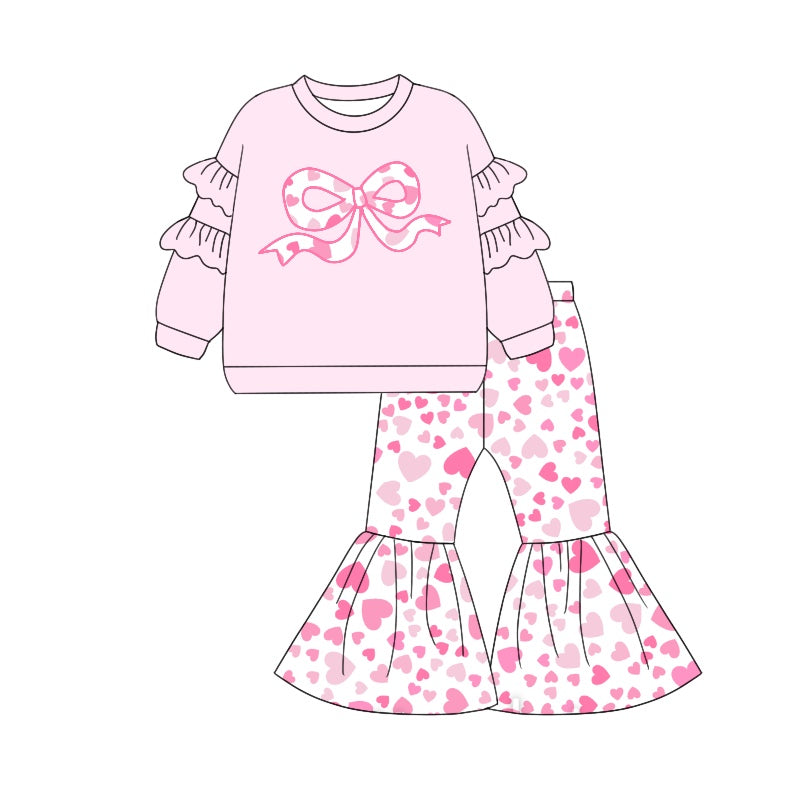 (Pre-order)GLP1951 Bow Pink Heart Print Bell Pants Girls Valentine's Day Clothes Set