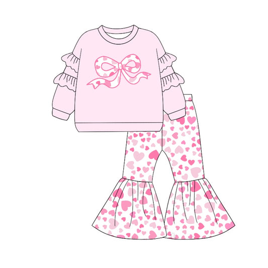 (Pre-order)GLP1951 Bow Pink Heart Print Bell Pants Girls Valentine's Day Clothes Set