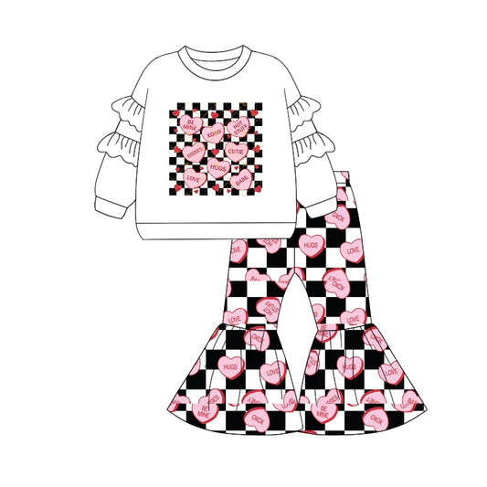 (Pre-order)GLP1954 XOXO Heart Plaid Print Bell Pants Girls Valentine's Day Clothes Set