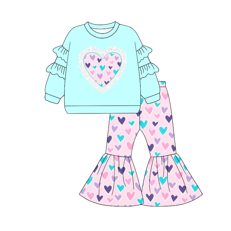 (Pre-order)GLP1956 Heart Blue Print Bell Pants Girls Valentine's Day Clothes Set