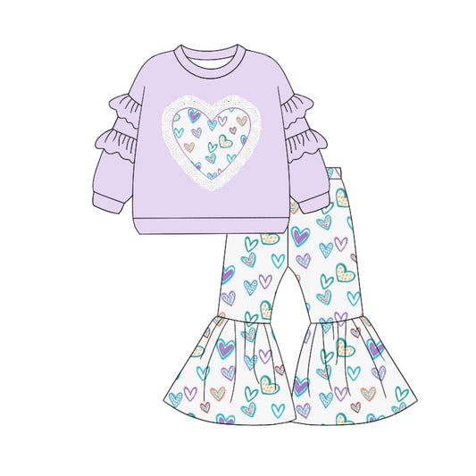 (Pre-order)GLP1957 Heart Purple Print Bell Pants Girls Valentine's Day Clothes Set