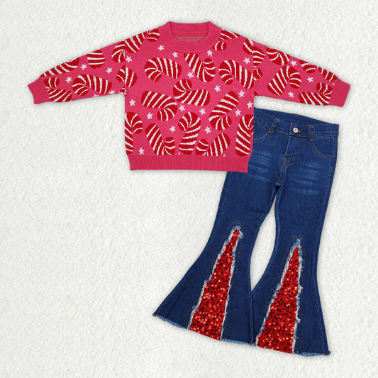 GLP1959 Candy Cane Sweater Top Blue Denim Sequins Bell Pants Girls Christmas Clothes Set