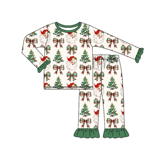 (Pre-order)GLP1960 Bows Tree Santa Print Girls Christmas Pajamas Clothes Set