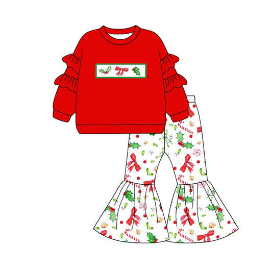 (Pre-order)GLP1961  Holly Bows Candy Cane Top Bell Pants Girls Christmas Clothes Set