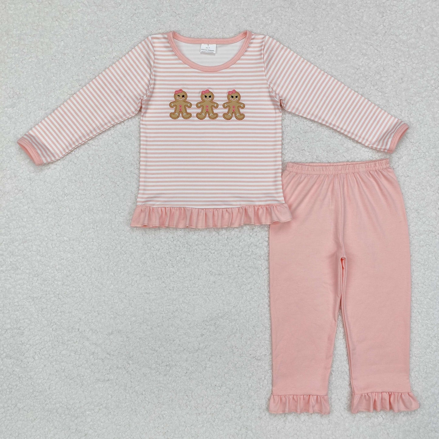 GLP1965 Gingerbread Embroidery Stripes Top Pink Pants Girls Christmas Clothes Set