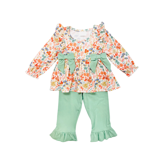 (Pre-order)GLP1967 Orange Flowers Tunic Top Green Pants Girls Fall Clothes Set