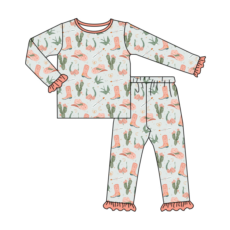 (Pre-order)GLP1968 Pink Boots Hat Cactus Print Girls Pajamas Clothes Set