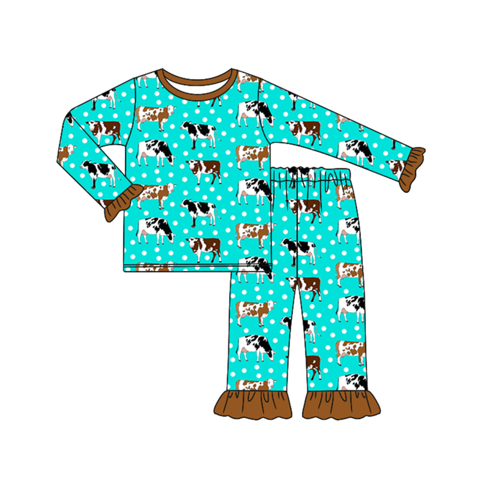 (Pre-order)GLP1974 Cows Dots Print Girls Fall Pajamas Clothes Set