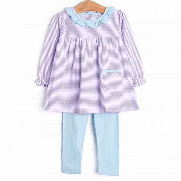 (Pre-order)GLP1982  Purple Stripes Pocket Tunic Top Blue Pants Girls Fall Clothes Set