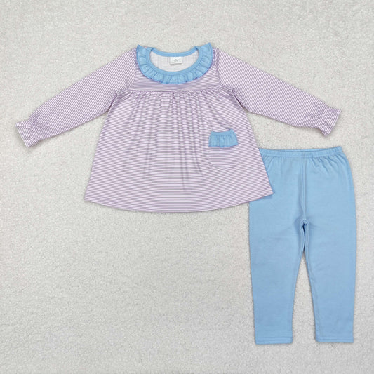 GLP1982  Purple Stripes Pocket Tunic Top Blue Pants Girls Fall Clothes Set