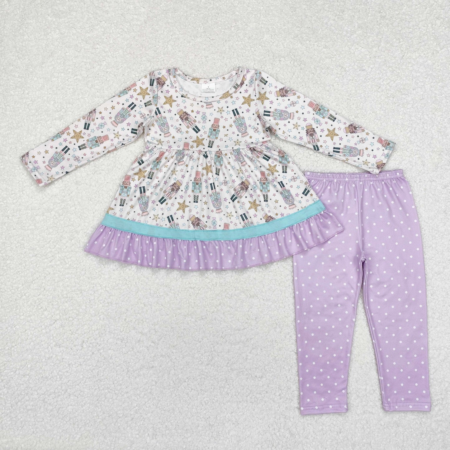 GLP1986  Nutcracker Soldier Tunic Top Purple Dots Pants Girls Christmas Clothes Set