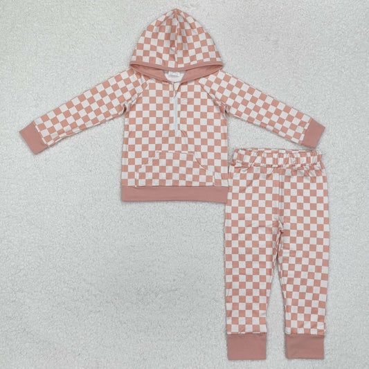 GLP1989 Pink Plaid Print Girls Fall Hoodie Clothes Set