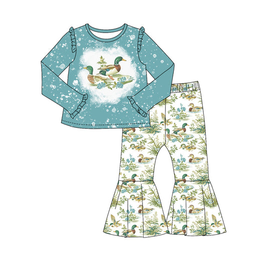 (Pre-order)GLP1990  Duck Flowers Print Bell Pants Girls Fall Clothes Set