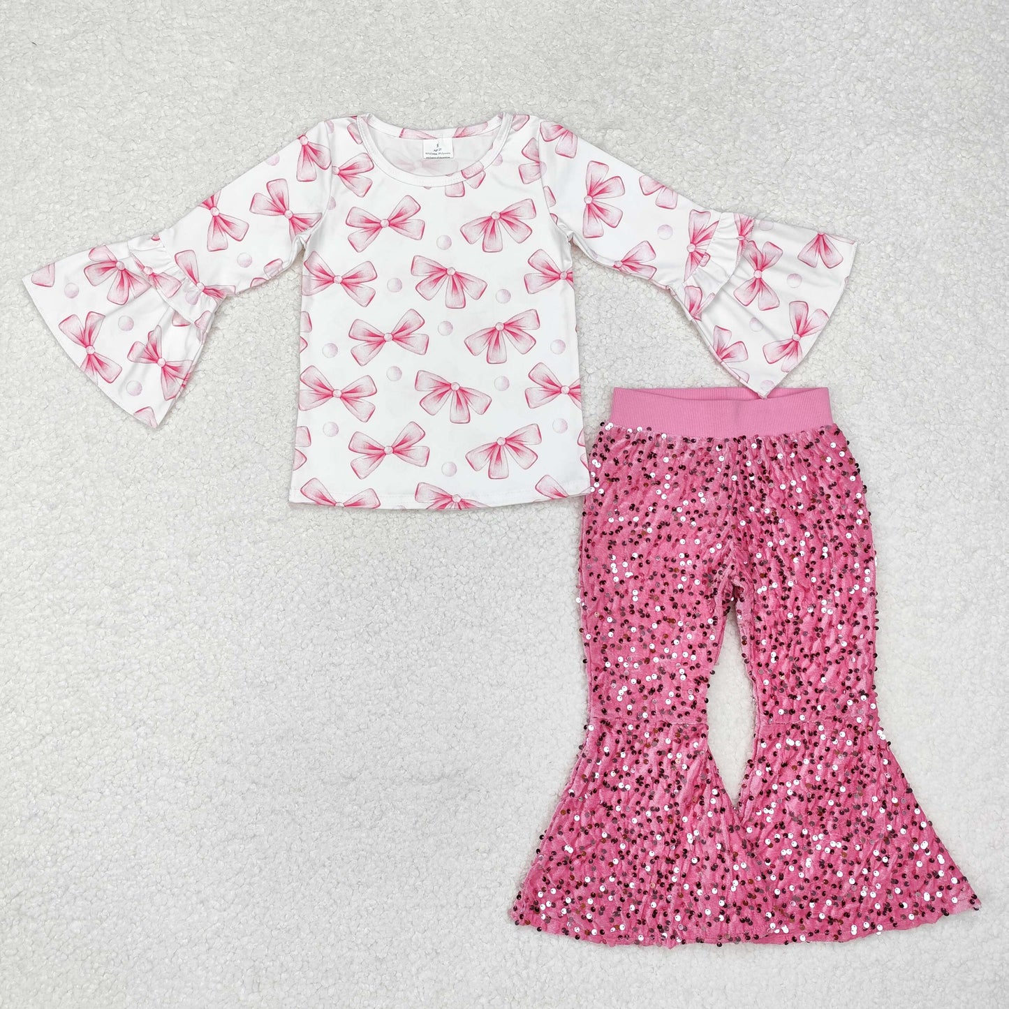 GLP1991 Pink Bows Top Hotpink Sequin Bell Pants Girls Fall Clothes Set