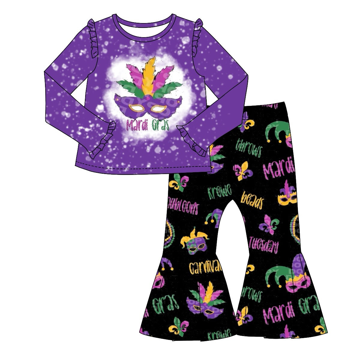 (Pre-order)GLP1992  Mask Purple Print Bell Pants Girls Mardi Gras Clothes Set