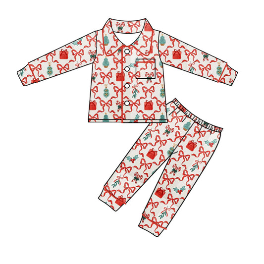 (Pre-order)GLP1994 Holly Candy Cane Print Girls Christmas Buttons Pajamas Clothes Set