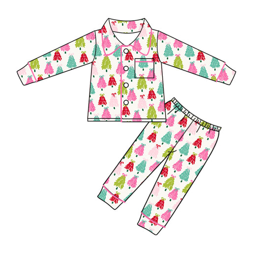 (Pre-order)GLP1995 Colorful Tree Print Girls Christmas Buttons Pajamas Clothes Set