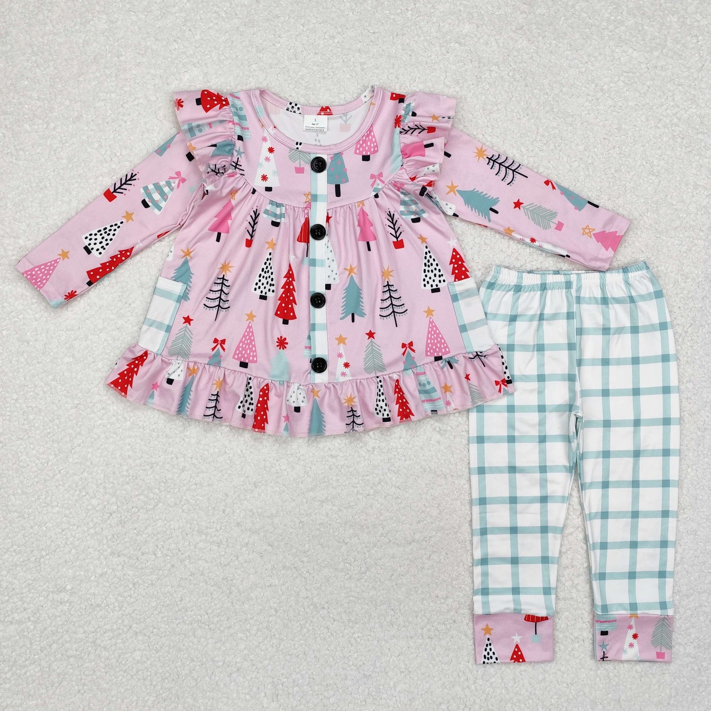 GLP1998  Colorful Tree Tunic Top Plaid Pants Girls Christmas Clothes Set