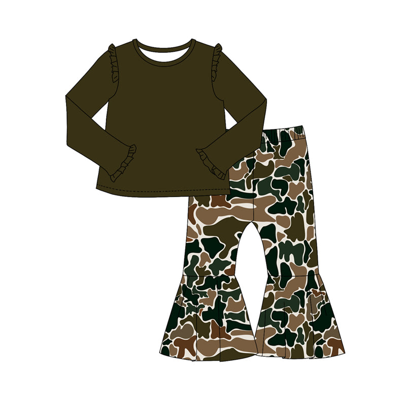 (Pre-order)GLP2002  Dark Brown Top Camo Bell Pants Girls Fall Clothes Set