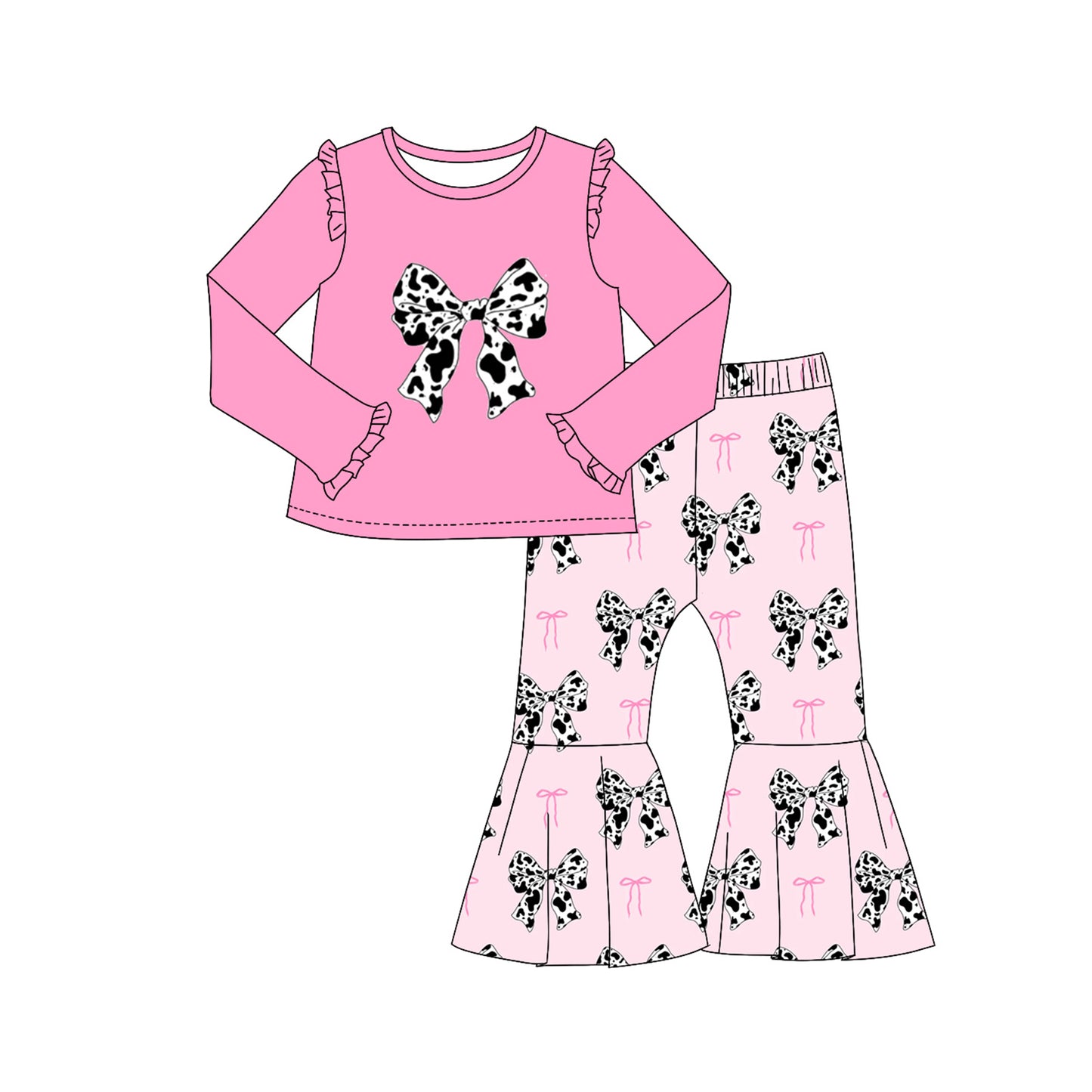 (Pre-order)GLP2005  Cowhide Pink Bows Top Bell Pants Girls Western Clothes Set