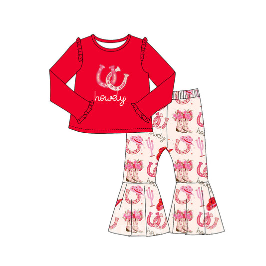 (Pre-order)GLP2013  Howdy Boots Hat Flowers Red Top Bell Pants Girls Western Clothes Set