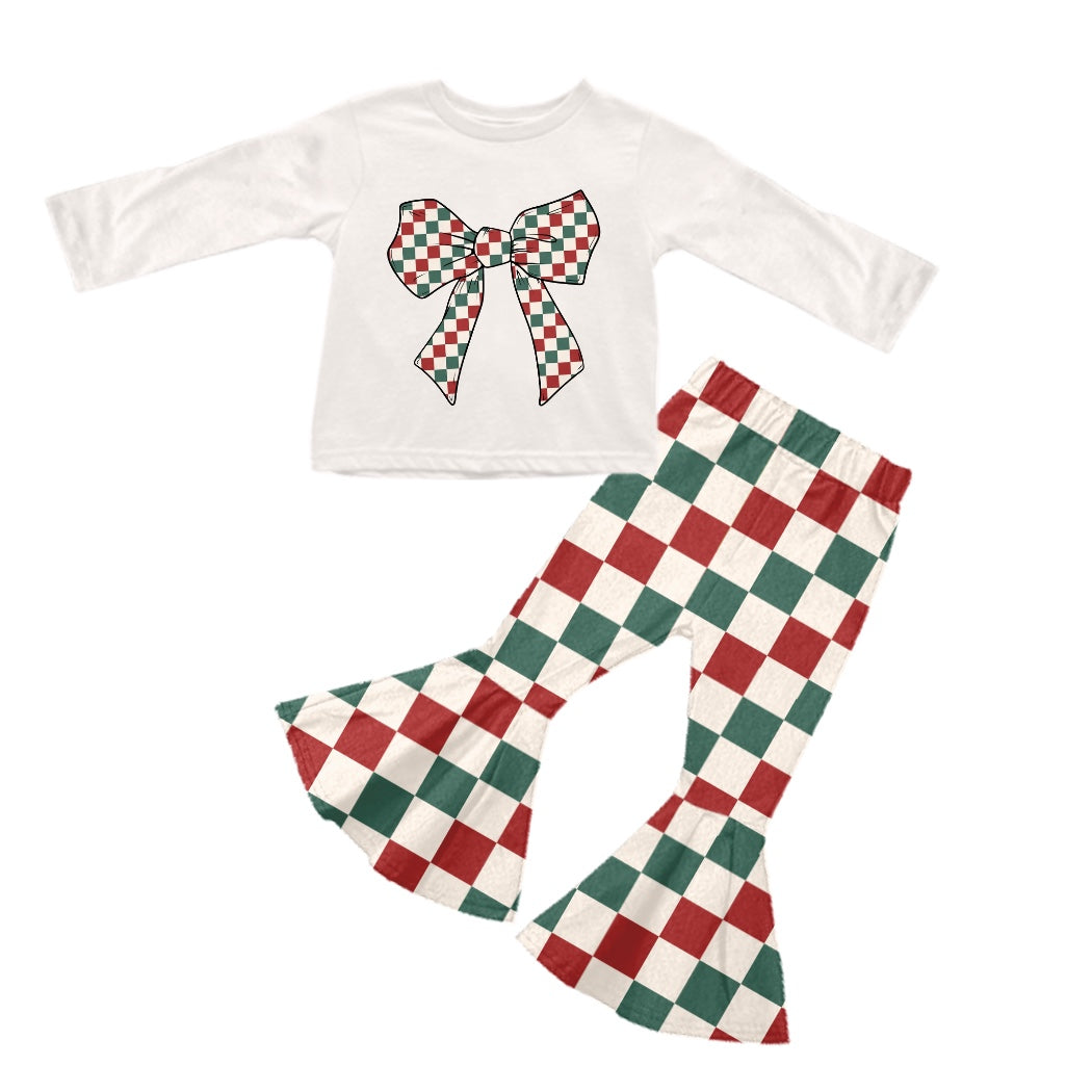 (Pre-order)GLP2019  Bow Top Green Red Plaid Bell Pants Girls Christmas Clothes Set