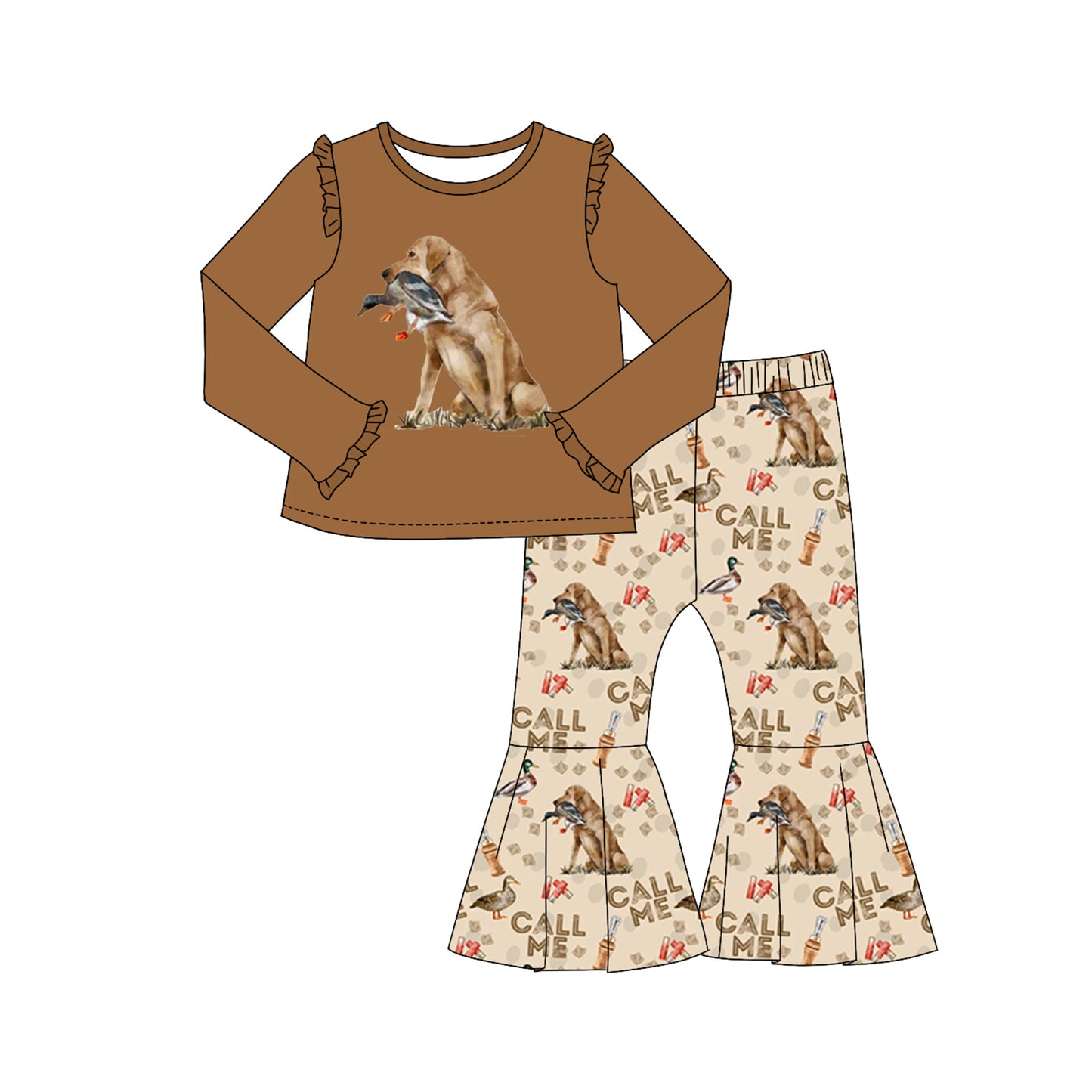 (Pre-order)GLP2021  CALL ME Dog Duck Brown Print Bell Pants Girls Fall Clothes Set