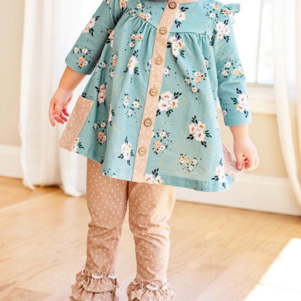 (Pre-order)GLP2022 Blue Flowers Tunic Top Dots Ruffle Pants Girls Fall Clothes Set