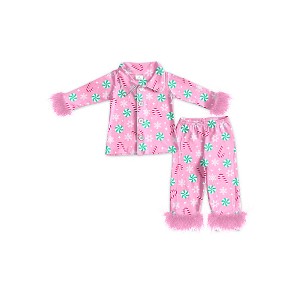 (Pre-order)GLP2025 Candy Pink Print Girls Christmas Buttons Fur Pajamas Clothes Set