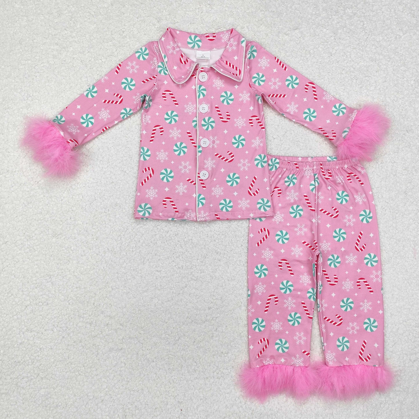 Candy Pink Print Mom and Me Matching Christmas Buttons Fur Pajamas Clothes Set