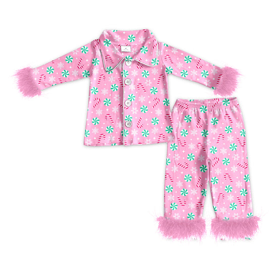 (Pre-order) GLP2028 Adult Candy Pink Print Buttons Fur Pajamas Woman Chrismtas Clothes Set