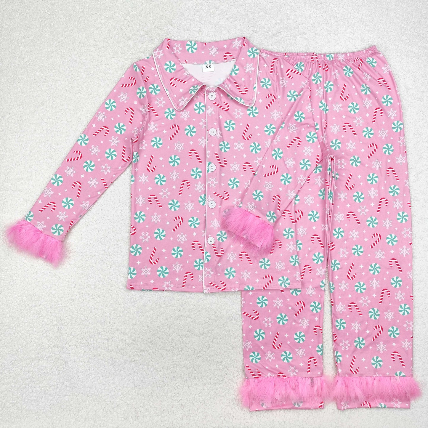 Candy Pink Print Mom and Me Matching Christmas Buttons Fur Pajamas Clothes Set