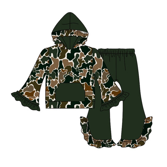 (Pre-order)GLP2031  Dark Green Brown Camo Print Girls Fall Hoodie Clothes Set