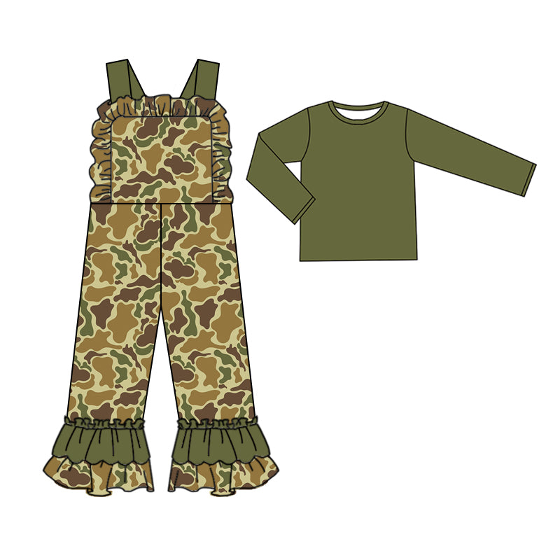 (Pre-order)GLP2042  Green Top Camo Jumpsuit Girls Fall Clothes Set