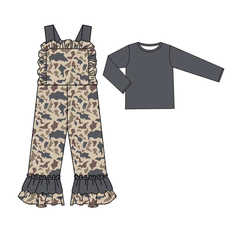 (Pre-order)GLP2043  Dark Gray Top Camo Jumpsuit Girls Fall Clothes Set