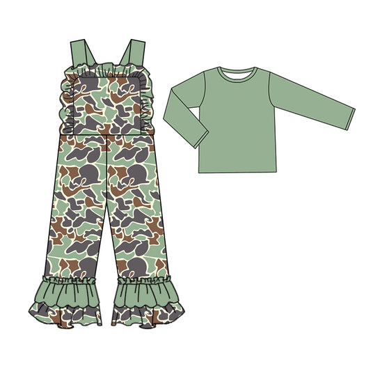 (Pre-order)GLP2044  Green Top Camo Jumpsuit Girls Fall Clothes Set