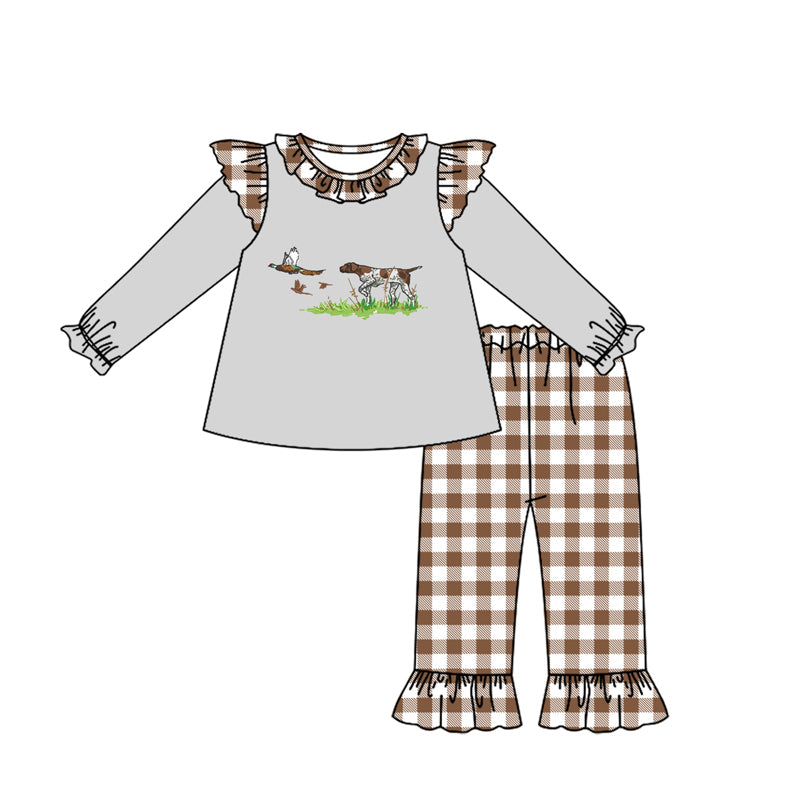 (Pre-order)GLP2048  Dog Duck Gray Top Plaid Pants Girls Fall Clothes Set