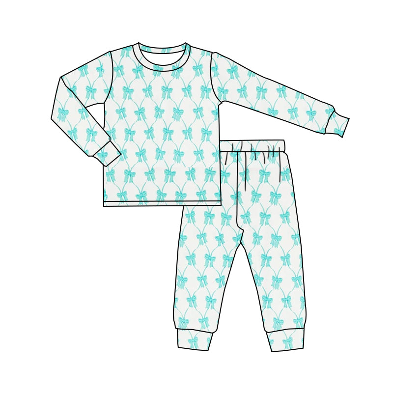 (Pre-order)GLP2049 Aqua Bows Print Girls Fall Pajamas Clothes Set