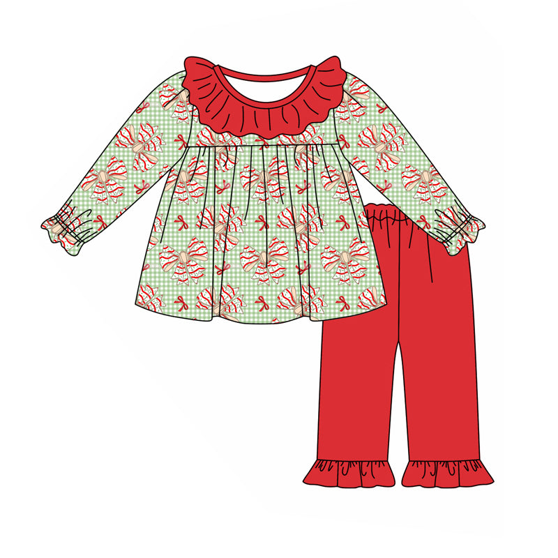 (Pre-order)GLP2051  Debbie Cake Bows Tunic Top Red Pants Girls Christmas Clothes Set