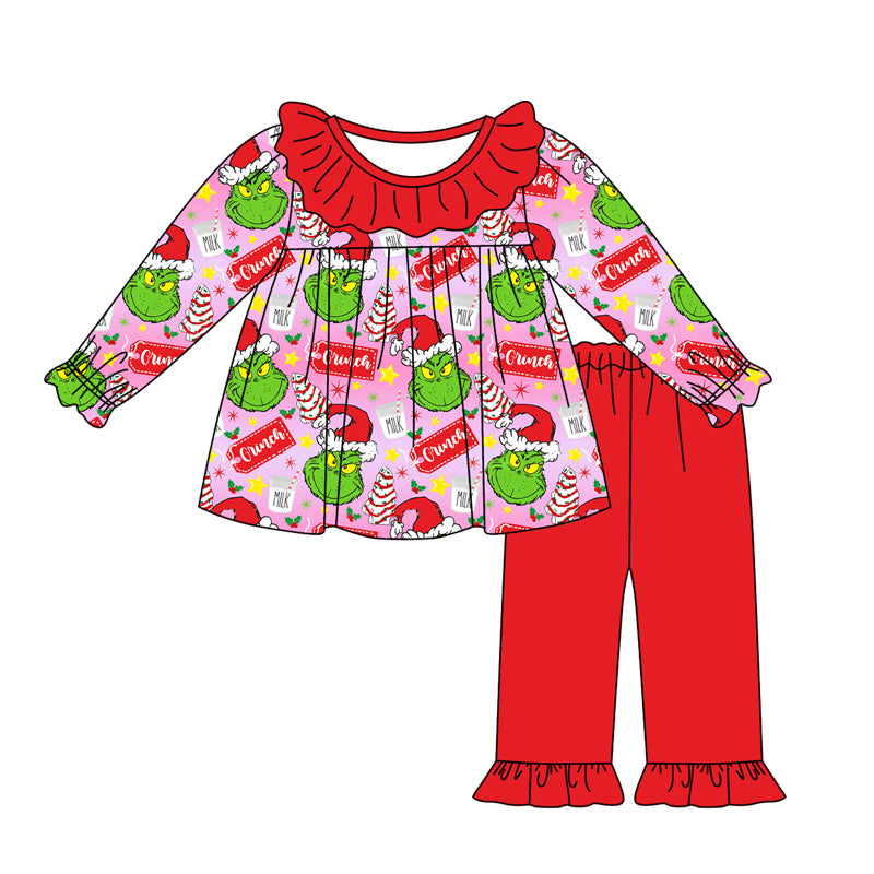 (Pre-order)GLP2052  Green Frog Holly Milk Tunic Top Red Pants Girls Christmas Clothes Set