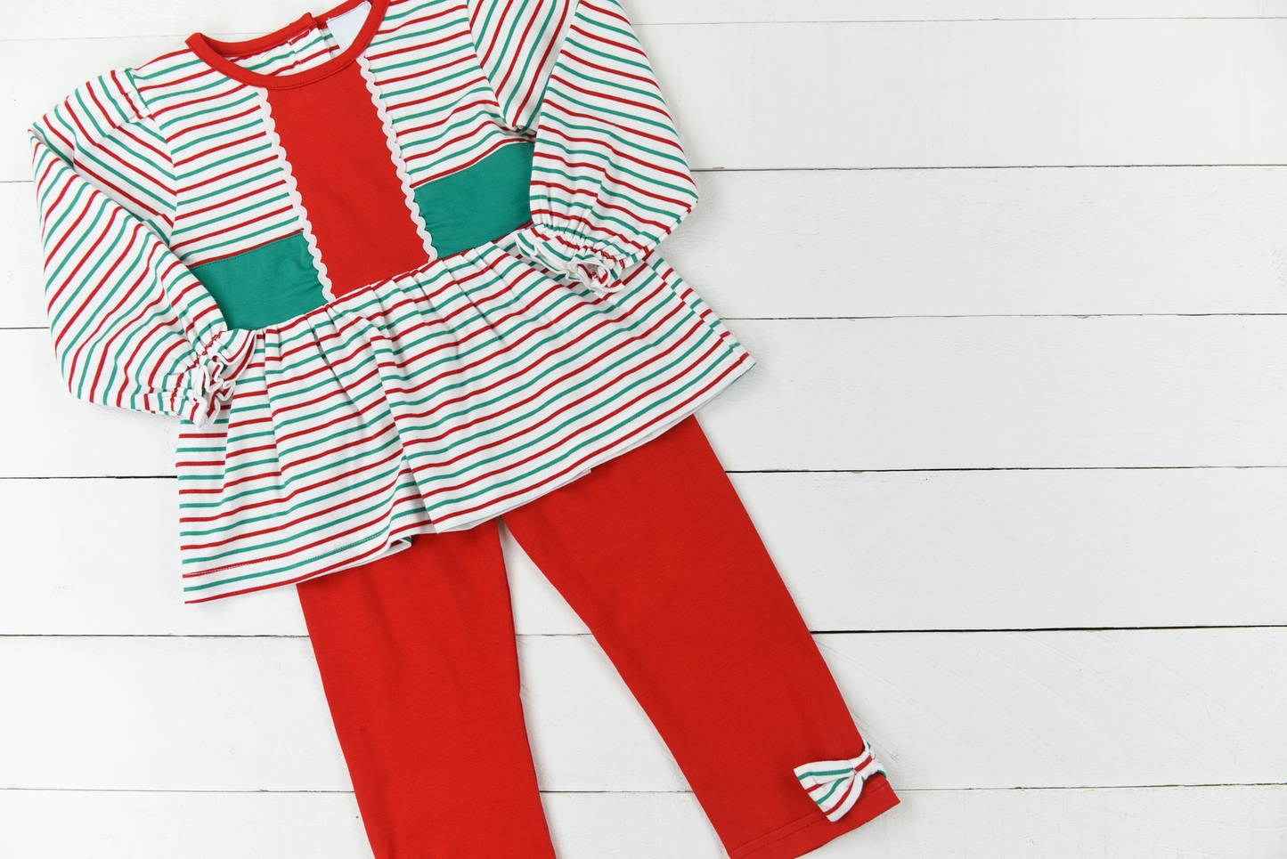 (Pre-order)GLP2055  Stripes Tunic Top Red Pants Girls Christmas Clothes Set