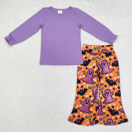 GLP2056 Purple Top Ghost Bat BOO Bell Pants Girls Halloween Clothes Set