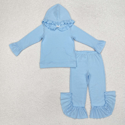 GLP2058  Light Blue Color Girls Fall Hoodie Ruffle Clothes Set