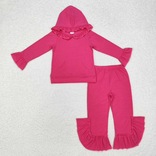 GLP2061  Hotpink Color Girls Fall Ruffle Hoodie Clothes Set