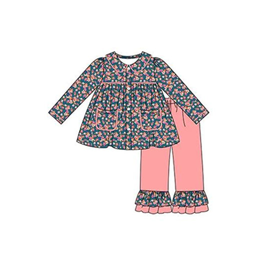 (Pre-order)GLP2062  Flowers Tunic Top Pink Pants Girls Fall Clothes Set