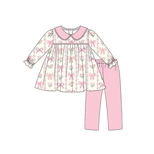 (Pre-order)GLP2065  Flowers Bows Tunic Top Pink Pants Girls Clothes Set