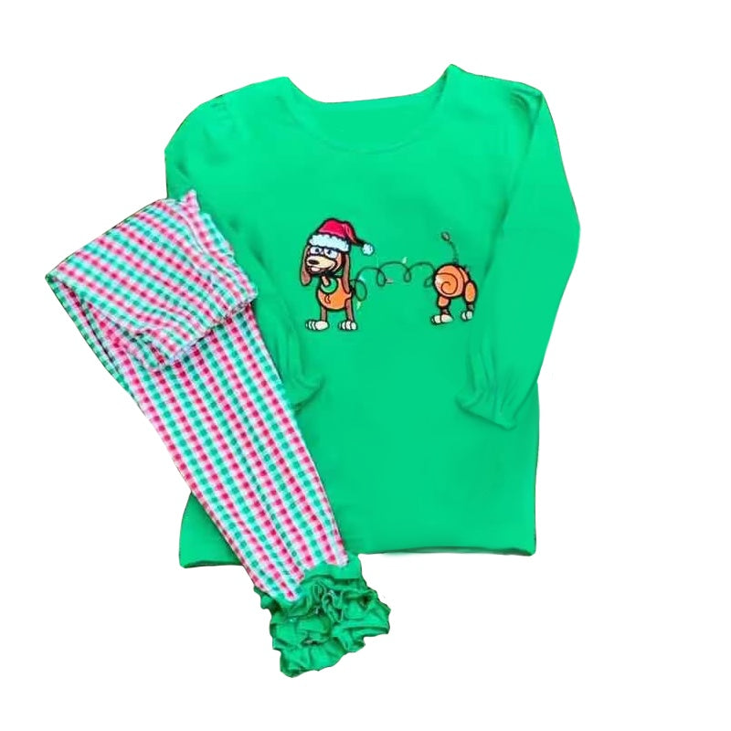 (Pre-order)GLP2066  Dog Green Top Plaid Pants Girls Christmas Clothes Set