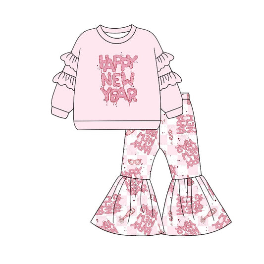 (Pre-order)GLP2067 Happy New Year Pink Print Bell Pants Girls Clothes Set