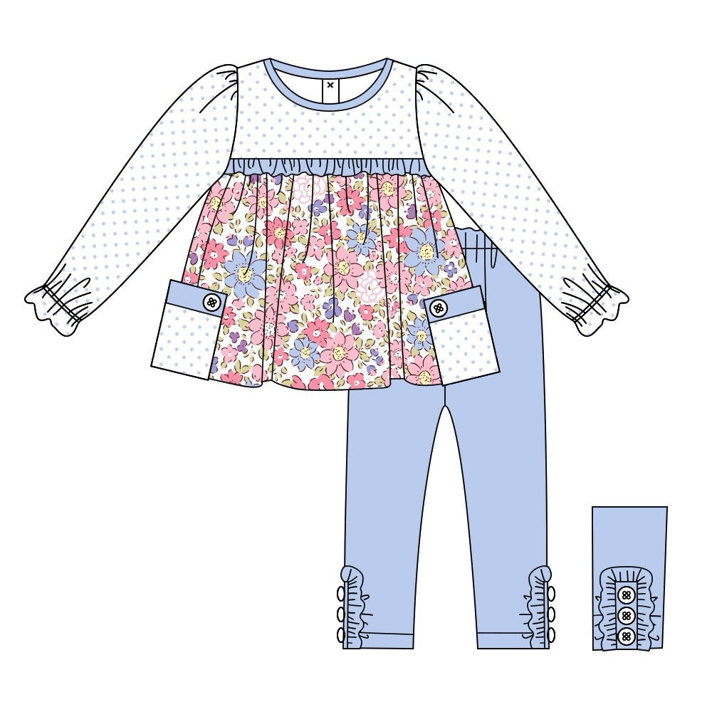 (Pre-order)GLP2069  Flowers Tunic Top Blue Pants Girls Fall Clothes Set